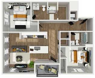 A floor plan of a small apartment with a bedroom, living room, and kitchen.