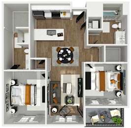A floor plan of a small apartment with a kitchen, living room, and bedroom.