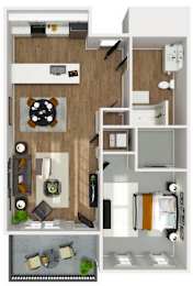 A floor plan of a small apartment with a kitchen, living room, and bathroom.