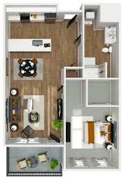 A floor plan of a small apartment with a kitchen, living room, and bathroom.