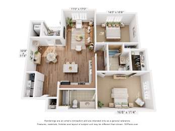 A 3D floor plan of a small apartment with a kitchen, living room, and bathroom.