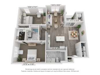 A floor plan of a house with a living room, kitchen, and two bedrooms.