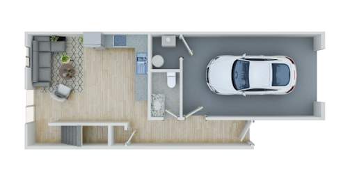 A top view of a car parked in a garage.