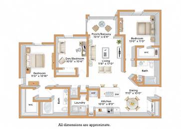 A floor plan of a house with a den, two bedrooms, a living room, a dining room, a kitchen, a laundry room, a bathroom, and a WIC room.