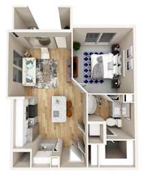 A top down view of a small apartment with a kitchen, living room, and bathroom.