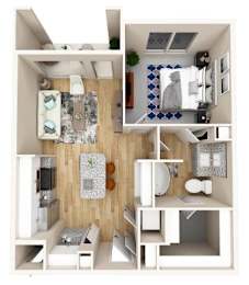 A floor plan of a small apartment with a kitchen, living room, and bathroom.