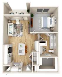 A 3D rendered image of a small apartment layout.