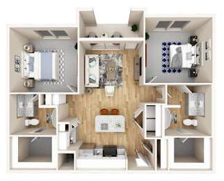 A 3D floor plan of a small apartment with a kitchen, living room, and bathroom.