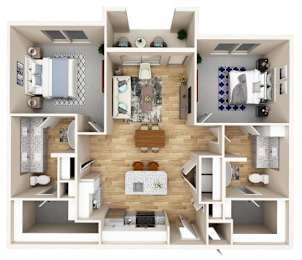 A 3D floor plan of a house showing a kitchen, living room, and two bedrooms.