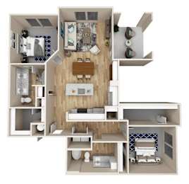A 3D floor plan of a small apartment with a kitchen, living room, and bathroom.