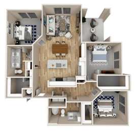 A 3D floor plan of a house showing a kitchen, living room, and two bedrooms.