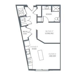 A floor plan of a house with a living room, kitchen, bathroom, and sleeping space.