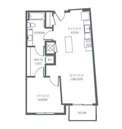 A floor plan of a house with a balcony and a living room.