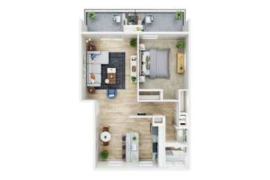 A top-down view of a small apartment with a kitchen, living room, and bedroom.