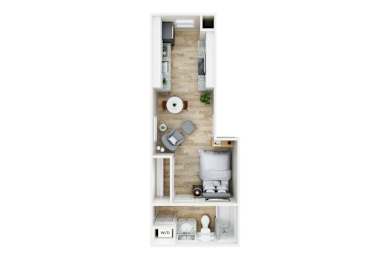 A top down view of a kitchen with a dining table and chairs.