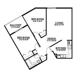 A black and white image of a floor plan for a small apartment.