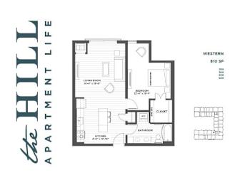 A 1 bedroom floor plan for 810 SF apartment with a living room, kitchen, bathroom, and bedroom.