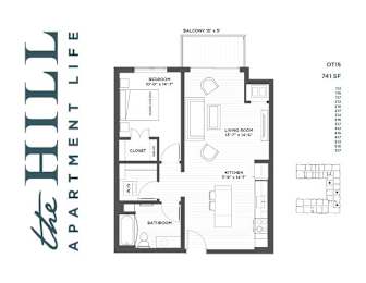 A floor plan for a 741 square foot apartment with two bedrooms, a living room, a kitchen, a bathroom, and a closet.