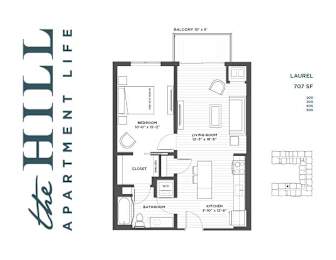 A floor plan for a 707 square foot apartment with a balcony.