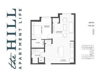 A 1 bedroom floor plan for a 730 square foot apartment with a living room, kitchen, and bathroom.