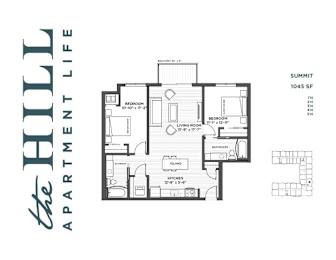 A 2 bedroom floor plan for 1045 sq ft