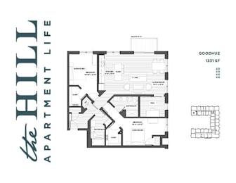 A 2 bedroom floor plan for 1331 sq ft