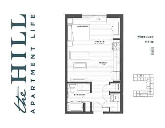 A floor plan for a 515 square foot apartment with a living room, kitchen, and bathroom.