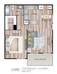 A floor plan of a one bedroom, one bath apartment at CAPRI.