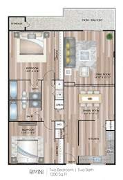 A floor plan of a two bedroom, two bath apartment.