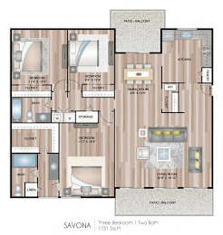 A floor plan of a three bedroom apartment with two bathrooms.