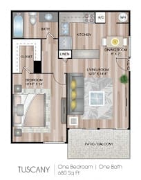A floor plan of a one bedroom, one bath apartment at Tuscany.