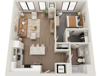 A top-down view of a well-organized apartment with a kitchen, living room, and bathroom.