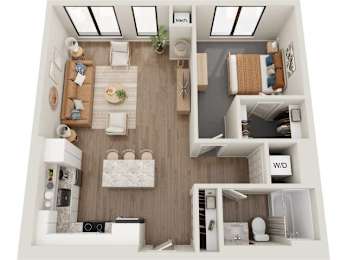 A 3D floor plan of a small apartment with a kitchen, living room, and bedroom.