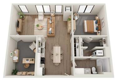 A top-down view of a small apartment with a kitchen, living room, and bedroom.