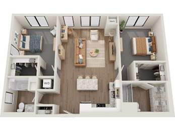 A top-down view of a two-bedroom apartment with a living room, kitchen, and bathroom.