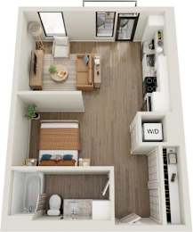 A top-down view of a small apartment with a kitchen, living room, and bathroom.