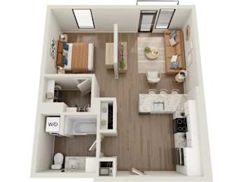 A top-down view of a small apartment with a kitchen, living room, and bathroom.