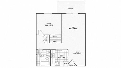 A floor plan of a house with a lounge, sleeping area, and a kitchen.