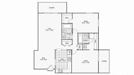 A floor plan of a house with a lounge, study, and kitchen.