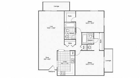A floor plan of a house with a lounge, two bedrooms, a study, a bathroom, and a kitchen.