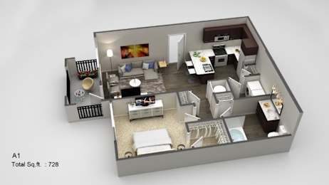 A 3D image of a house layout with a total square footage of 728.