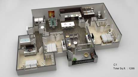 A 3D floor plan of a C1 apartment with a total area of 1288 square feet.