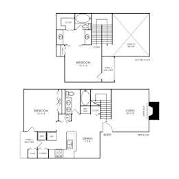 A floor plan of a two bedroom apartment with a living room and a dining room.