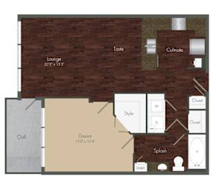 A floor plan of a house with a lounge, chill out area, and a splash room.
