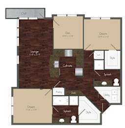 A floor plan of a house with labeled rooms such as Chill, Den, Dream, Lounge, Culinate, Style, Splash, Pantry, Desk, and Utility.