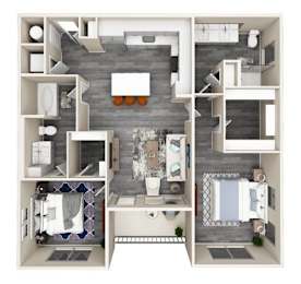 A top-down view of a small apartment with a kitchen, living room, and bathroom.