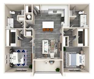 A 3D floor plan of a house with a kitchen, living room, and bathroom.