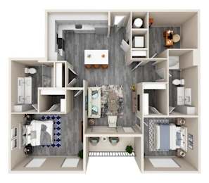 A 3D floor plan of a small apartment with a kitchen, living room, and bathroom.