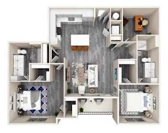 A top-down view of a modern, open-concept kitchen, living room, and dining area.