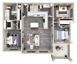 A 3D floor plan of a house showing a kitchen, living room, and bathroom.